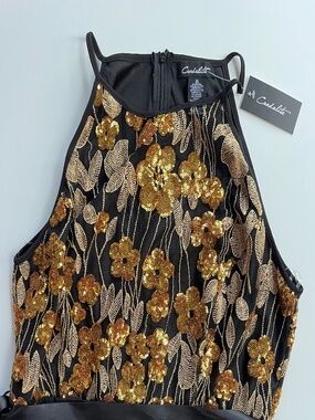 Candalite formal maxi dress with high neckline and gold floral sequin embroidery